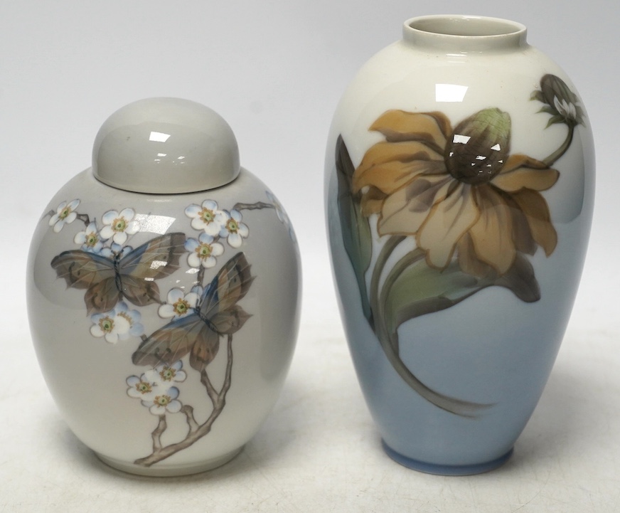 A Royal Copenhagen jar and cover and a similar vase, largest 18cm high. Condition - good